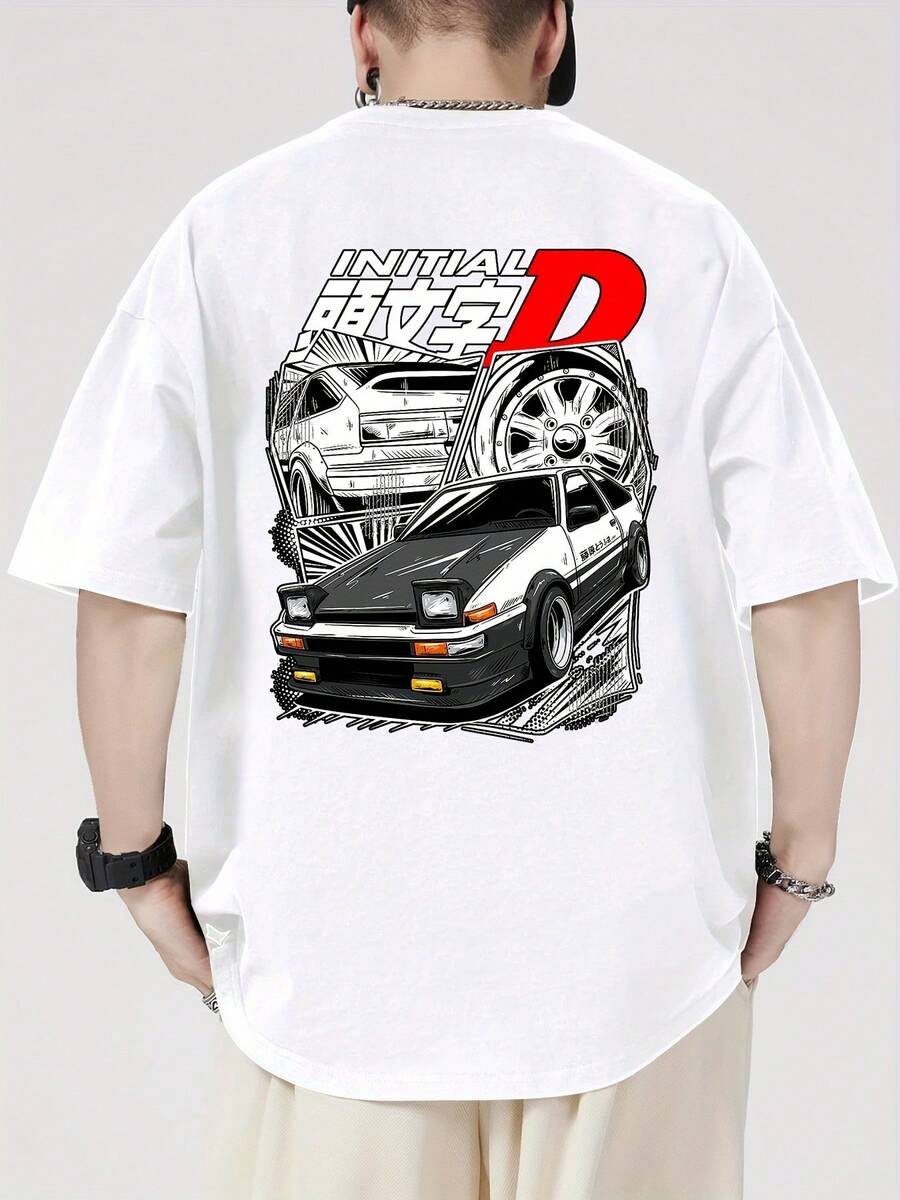 Men's Shirts - Short Sleeve, Crew Neck, 100% Breathable Cotton, Lightweight & Comfortable For Work Or Casual Wear, Machine Washable, Men's & Women's 100% Cotton Japanese Anime Car Graphic T-Shirt -  Inspired Racing Design With Drift Culture, Breathable Round Neck Tee For Summer Outdoor Sports, Casual Wear & Anime Fans Gift Perfect Christmas & Holiday Gift For Men, Halloween Shirts For Men - White - View 1