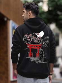 Hoodie Sweatshirt Krometka Pria Musim Gugur/Dingin Motif Aprikot yang Dipersonalisasi | Gaya Torii Prajurit Jepang - Hitam - View 4