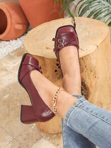 Plus Size Heels, Women's High Heel Pumps, Vintage Fashion Burgundy Chunky Heel Square Toe Mary Jane High Heels, Elegant Comfortable Work Shoes, College Party Commute Casual Women's Shoes - Burgundy - View 2
