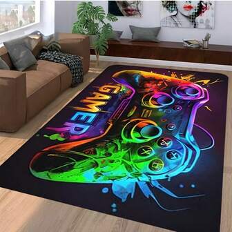 游戏手柄图案法兰绒地毯，适合卧室、客厅、厨房等场所使用