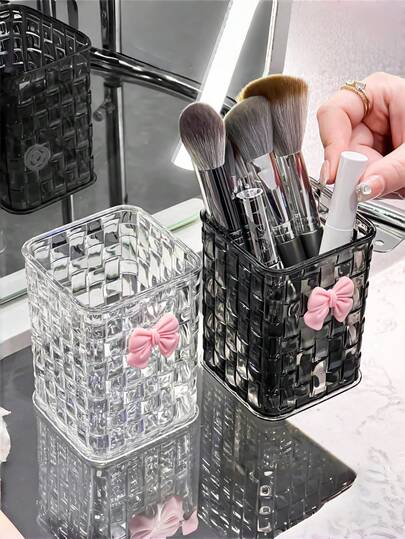 Caja de almacenamiento de escritorio de lujo de ratán, organizador de alta gama para lápiz labial, cosméticos, portalápices, papelería, organizador de escritorio para dormitorio de estudiantes, caja transparente