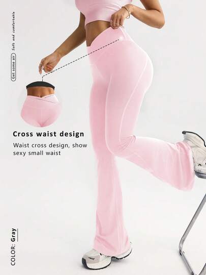 FWH High-Waisted Tummy Control Seamless Casual Comfortable Butt-Lifting Peach Booty Leg-Enhancing Design Essential Versatile Fitness Elegant Fashion Cross-Waist Leg-Lengthening Stretchy Slimming Loose Yoga Flared Pants Tights