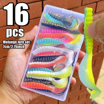 16 piezas Conjunto de cebos de cola rizada suaves, adecuado para pesca de agua dulce, agua salada y otros escenarios de pesca, cebo de agua salada, pesca de agua dulce, cebo de acción, cebo realista