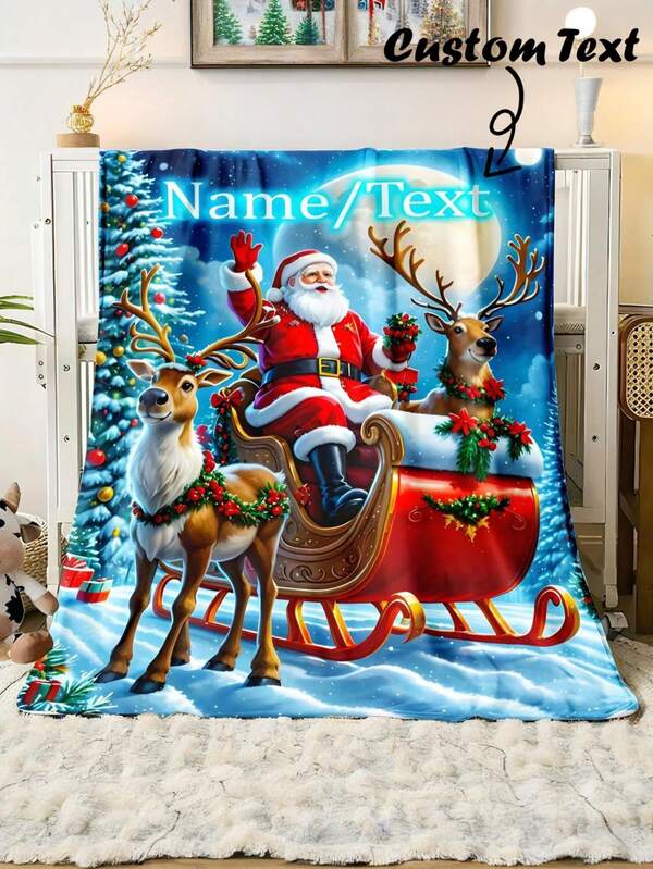 Manta de franela con escena nevada de Papá Noel y renos personalizados con nombre - Suave, cálida y ligera, adecuada para sofá, cama y viaje - Regalo personalizado de vacaciones para familiares y amigos, manta navideña, regalo perfecto para niños