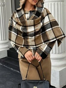Doriss Loose Checked Slouchy Collar Shawl Coat, Autumn & Winter, Business Casual Woman, Valentine's Day Outfit, Modest, Business Casual Woman, Homecoming, Bohemian, Old Money Style, Wedding Season