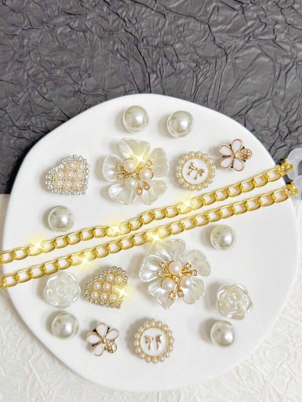 18pcs Detachable Faux Pearl Chain Shoe Decoration, Suitable For Sandals, Slippers, Clogs, Beach Shoes, All Season Use, Perfect Holiday Gift