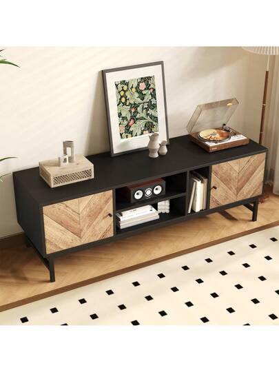 150cm TV St Contrasting Zwart Wood Versatile Storage Space, Including Cabinets, Horizontal Vertical Compartments, Moderne Minimalist view 7