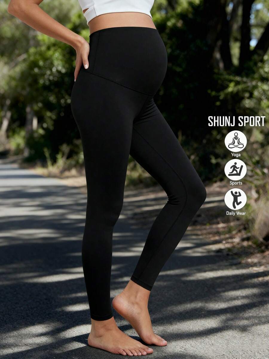 孕妇压缩紧身裤，孕妇全长收腹运动裤，黑色健身紧身裤，适合产前运动、瑜伽、跑步，孕妇圣诞礼物 - 黑色 - 查看 1