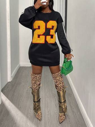 Women's Casual Colorblock Embroidered Digit Fleece Sweatshirt Dress, Sexy Street Style, Autumn/Winter