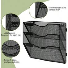 Wall File Holder Organizer 3 Pocket Mesh Hanging Wall Mounted Document Paper Folder Filing Magazine Rack With Nametag Label For Office Home School, Black - Black - View 3
