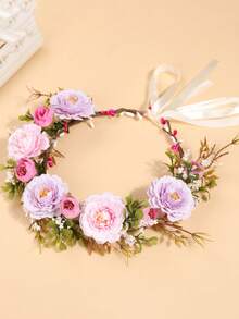 1pc Pink Rose Flower Bohemian Style Bridal Wedding Floral Headpiece, Hawaiian Outfit For Women, Hair Accessories, Coronas, Tiara, Costume Crown