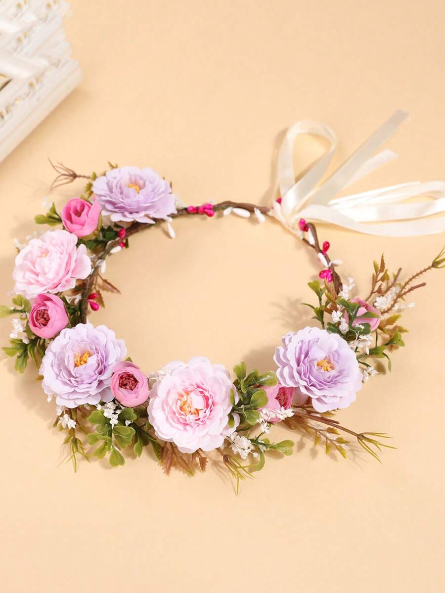 1pc Pink Rose Flower Bohemian Style Bridal Wedding Floral Headpiece, Hawaiian Outfit For Women, Hair Accessories, Coronas, Tiara, Costume Crown