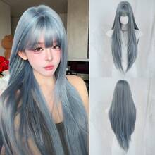 Peruci lungi și drepte, albastre, de 32 de inci, pentru femei - Perucă elegantă cu breton - Rădăcini închise la culoare, aspect natural, pufoasă, foarte moale, sintetică, rezistentă la căldură, perucă completă pentru fete, pentru zi cu zi, festivaluri de muzică, pentru cosplay, utilizare anime, cadou pentru prietenă - Albastru - Vizualizare 10