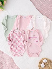 DILAVEL 5pcs Set Autumn/Winter New Sports Outfit, Suitable For Toddler Girls, Infants & Babies - Triangular Romper With Letter Embroidery, "Mommy's" Pink Adorable Matching Family Outdoor Wear - Baby Pink - View 2