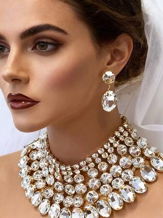 Best Ladies' Three Pieces Suit, Luxurious And Exaggerated Full Diamond Necklace And Earrings Set, Suitable For Birthday Parties, Fashionable For The Bride's Wedding, Multiple Available, Gift For Friends - Box Packaging