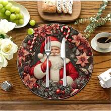 4/6/8 pièces Sets de table de Noël - Série bleue d'hiver de Noël, sapin de Noël, couronne, Père Noël, motif floral, sets de table, lavage à la main uniquement, décoration de table à dîner ronde d'hiver, décoration de cuisine et de salle à manger pour fête - 36 cm