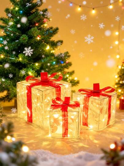 一套圣诞红色蝴蝶结水晶发光礼盒，红色蝴蝶结水晶LED灯礼盒，圣诞家居装饰品，圣诞礼物，圣诞派对氛围装饰，节日装饰灯，室内外圣诞树装饰，家居庭院草坪装饰（需3节AA电池，不含电池）