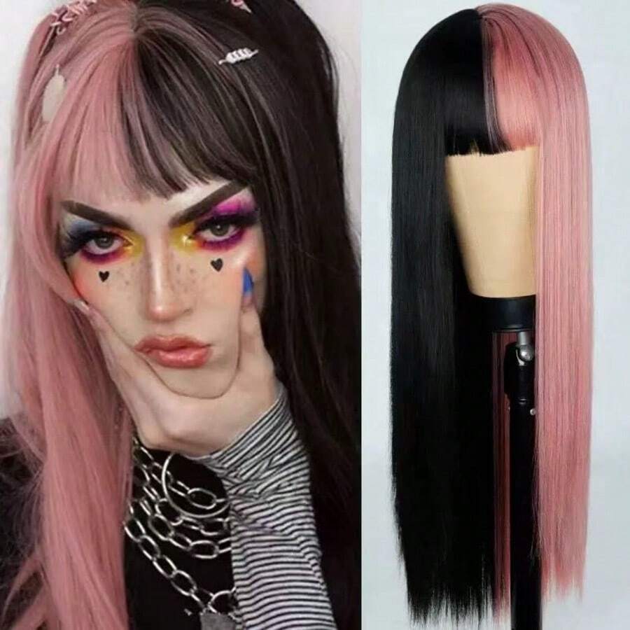 28 Inch Long Straight Pink Black Wig For Women, Gorgeous Fluffy Synthetic Wig With Bangs Natural Appearance Very Soft Synthetic Heat Resistant Fiber Hair, Beautiful Full Machine Hair Wig Suitable For Fashion Girls Daily,Anime Or Costume Cosplay Decoration,Music Festival Dance Party Street Wear Use