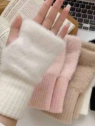 1 par de nuevos guantes sin dedos de punto de piel sintética, guantes de invierno cálidos para mujer, guantes versátiles con media manga estilo Ins de piel esponjosa y resistentes al viento para oficina, estudiantes, ciclismo