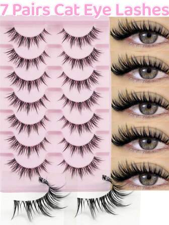 New 7pairs Cat Eye Lashes Natural Long Clear Band Lashes Winged End Eye Elongated Eyelashes Faux Mink Eyelashes Fox Eye Makeup False Eyelashes Cosplay False Eyelashes Makeup