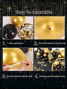 121 pièces/set Kit d'arche de guirlande de ballons noirs et dorés, ballons confettis noirs et dorés avec étoiles, pour la décoration de fête du Nouvel An, d'anniversaire, de mariage