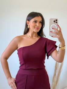 Cropped One Shoulder Mula Manca Women's Top With Ruffles Blouse One Sleeve Luxury Basic Spring Summer - Burgundy - View 1