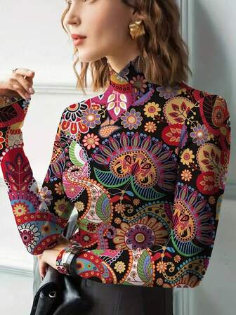 Vintage Paisley Pattern Turtleneck Fitted Long Sleeve Top, Soft Stretchy Fabric, Versatile Retro Style Floral Print Blouse For Women, Suitable For Spring