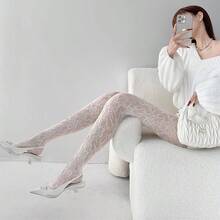 1pc New Retro Sexy Stockings, Floral Jacquard White Pantyhose, Hollow Lace Mesh Stockings, Spring And Summer Tight Pants - 白色 - 查看 4