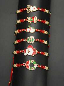 6 Stücke Weihnachts-Element Cartoon süße Armband Set, inklusive Weihnachtsmann, Weihnachtsbaum, Rentier, Schneemann, Glocke, handgemachte Perlenarmreifen, perfekt für Weihnachtsoutfit und Geschenke
