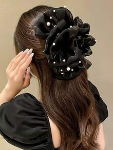 1 pieza Pinza para el cabello con forma de corazón brillante de cielo estrellado para mujer, estilo elegante, puede fijar el cabello, diseño de lazo, pinza de garra para el cabello, accesorio para el cabello - Negro - Ver 15