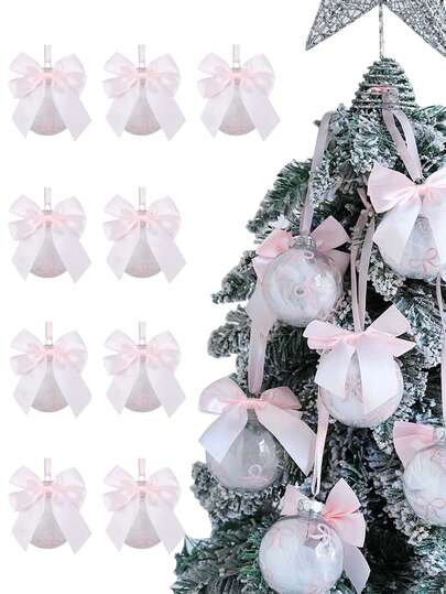 9Pcs/Set Pink Bow Christmas Ball Transparent DIY Ball Christmas Tree Decoration Hanging Ornaments Home, Wedding, Birthday, Bachelor Party, Holiday Party Decoration