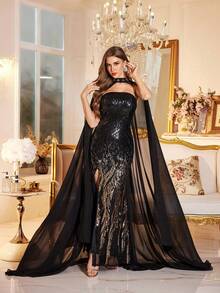 Women's Solid Color Heavily Embroidered Beaded Tube Dress With Chiffon Extra Long Hooded Cape, Sequins Collar Design, Elegant Long Formal Gown, 2-Piece Set