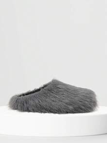 New Womens Faux Fur Slipper Round Toe Fuzzy Fluffy Comfortable Flat Warm Gray Furry Slipper Home Bedroom Slides Shoe Thick Plush Casual Wear Cozy Style Easter Gifts Flat Indoor Outdoor All Weather Spring Summer Flat Sandals For Women - 灰毛 - 查看 2