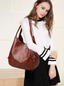 Women's Bucket Shoulder Handbag, Minimalist Fashion Large Capacity Tote Bag, Soft Faux Leather Shoulder Bag, Zipper Handbag - Brown - View 11