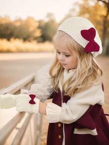 2pcs/Set Girls' Autumn/Winter Knitted Beret Hat And Gloves Set, Retro Palace Style - 2pcs - View 9
