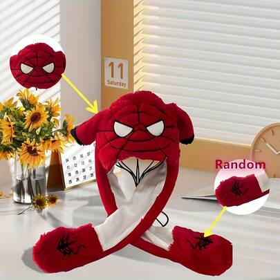  1pc [Playful Spider-Man Hat] MARVEL Spider-Man Plush Hat With Moving Ears | Cartoon-Themed Warm & Cold-Proof Furry Cap, Hand Washable Novelty Gift For Birthdays, Family & Friends, Spiderman Accessories, Themed Event Accessory, Playful Design, Embroidery