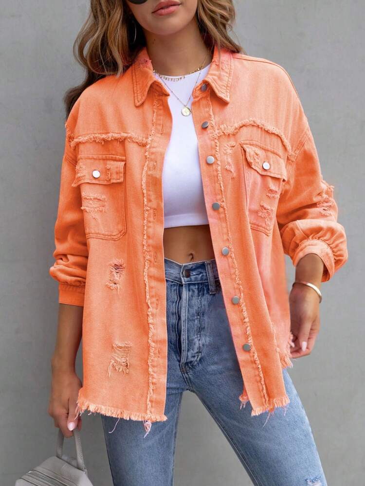 Plus Size Women's Distressed Denim Jacket, Frayed Hem, Button Front, Boyfriend Style Denim Outerwear, Western Cowgirl Shacket With Pockets Casual Spring - Coral Orange - View 1