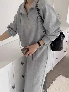 Conjunto otoñal vintage de estilo minimalista con sudadera con capucha de manga larga, cordón y media cremallera + falda recta con abertura trasera Ropa Dos piezas para Mujer - Gris - Ver 7
