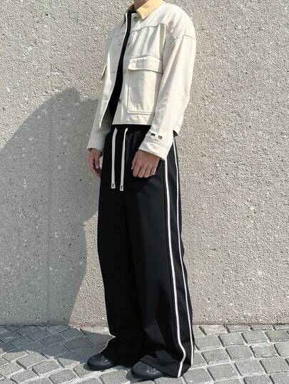 Pantalon décontracté à rayures et couleurs contrastées pour hommes, pantalon droit ample, pantalon de jogging en tricot pour le printemps et l'automne, convient pour la maison, le port quotidien, les rendez-vous, les sorties, le style de rue, polyvalent