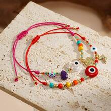 1PC/Fashion Simplicity/Gold Bead Bracelet/Rice Bead Crystal Red Micro Inlaid Copper Moon Red Glass Flat Bead Crystal Red/Mother And Daughter Round Copper Pendant Bracelet/Lucky Red Hand Rope/Mother's Day Gift, Friendship Jewelry, Anniversary Birthday Gift