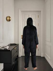 Unisex Adult Animal Oneise Paiamas,Mens Womens Flannel Hooded Halloween Cosplay Costume/ Homewear/Sleepweal - 黑與白 - 查看 2