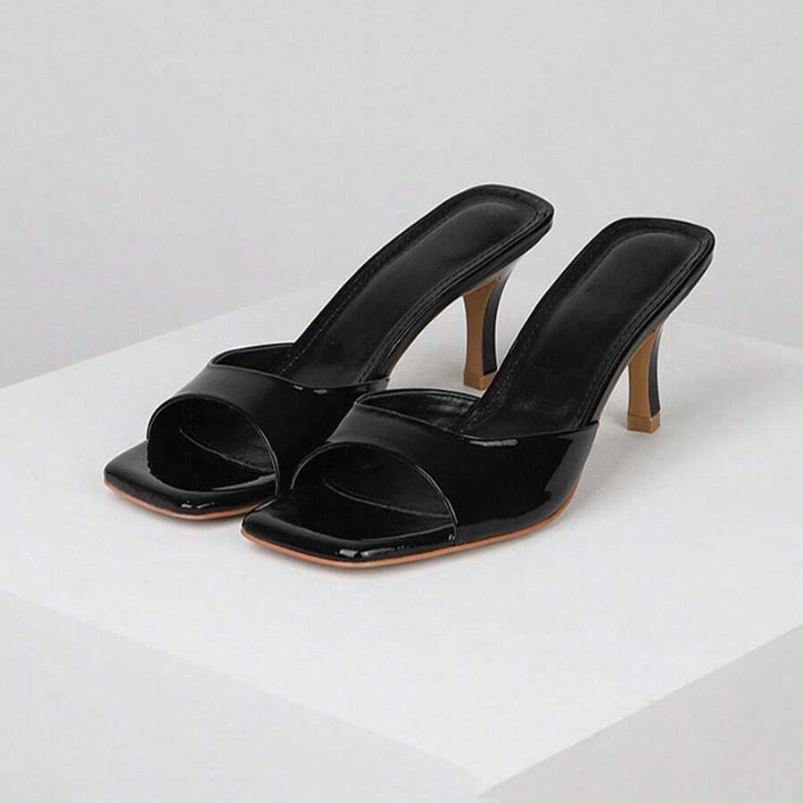 Novedad: Sandalias de tacón alto de charol para verano, estilo versátil, tacón fino, puntera cuadrada, sandalias sensuales con tiras para llevar al aire libre Sandalias de tacón de recubierto - Negro - Ver 1