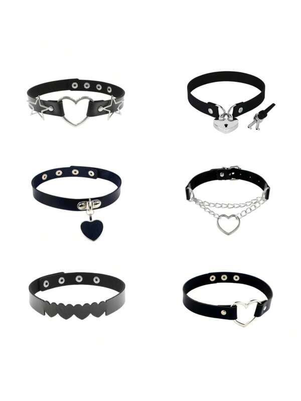 6 قطع/مجموعة قلادة مخنقة من البولي إستر والقطيفة الأمونيا للنساء، قلادة مخنقة بشكل قلب، قلادة سلسلة ترقوة بطراز بانك، قلادة جلد اصطناعي سوداء للرجال والنساء، مناسبة كهدايا والميلاد. قد تكون هناك اختلافات طفيفة في اللون، يرجى الرجوع إلى المنتج المستلم بالفعل للدقة