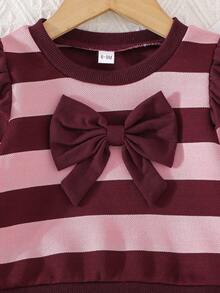 2pcs Baby Girls Casual Minimalist Spring/Autumn New Striped Round Neck Long Sleeve Bow Decor Top & Solid Color Flare Pants Set - Multicolor - View 6