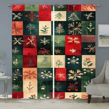 2pcs Patchwork Christmas Pattern Curtains, Retro Design Light - Filtering Polyester Curtains For Christmas Home Windows, Rod Pocket Curtains For Living Room & Bedroom Decor