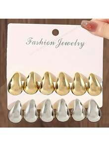 6-12pcs Gold/Silver Plated Water Drop Stud Earrings, Suitable For Gifts, Parties And Various Occasions