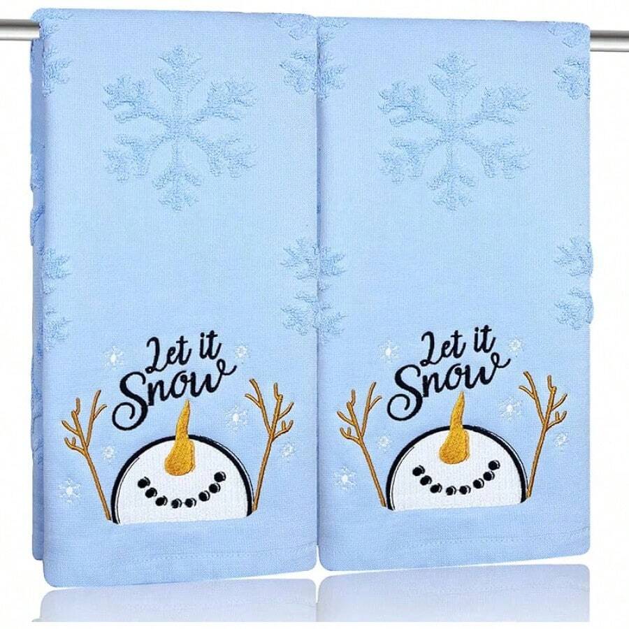 Juego de toallas de mano de galleta de jengibre navideñas de 2 piezas% algodón con bordado de copo de nieve, dulces, cocina vintage, toalla de baño beige, regalo de temporada - Deja que neve - Ver 1