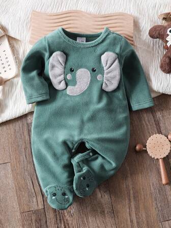 1件新生儿绿色毛绒大象印花长袖连体衣，舒适日常穿着