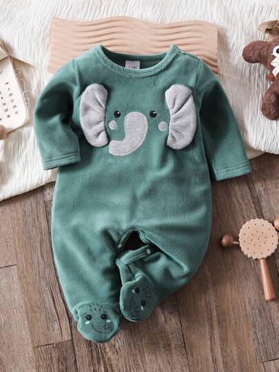 1件新生儿绿色毛绒大象印花长袖连体衣，舒适日常穿着