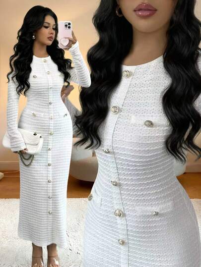 Elegant Women's White Knitted Bodycon Long Dress With Round Neck And Long Sleeves Featuring Slit Hem Detail